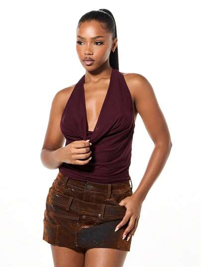 SUMWON WOMEN Halter Neck Backless Top With Deep V Plunge Neckline Tie Detail Summer Party