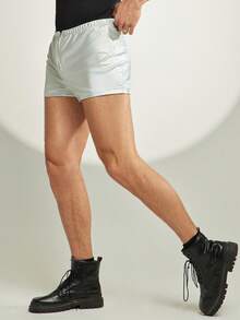 FeverCity Men's Solid Color Zipper Casual Elastic Waist Shorts - Silver - View 5