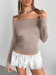 SHEIN EZwear Brązowa, obcisła, swobodna, damska koszulka z golfem z odkrytymi ramionami i długim rękawem, idealna na jesień - Morela - Zobacz 4