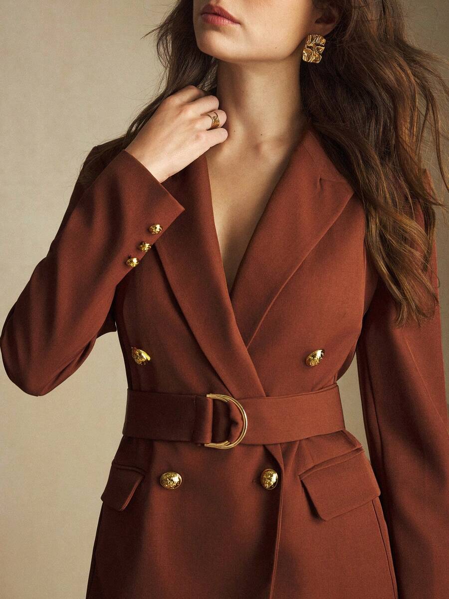 BizChic 2025 Autumn/Winter New Brown Notched Collar Double-Breasted Metal Button Adjustable Waist Metal D-Ring Design Women's Blazer, Modern Elegant Urban Commute Everyday Casual 90s Christmas New Year, Thanksgiving Party, Beach Graduation Fashion, Versatile Romantic Minimalist, Suitable For Wedding Guest, Host, Date, Party, Concert, Brunch, Airport, Multi-Occasion