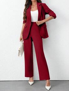 EMERY ROSE Conjunto de traje elegante de chaqueta blazer de manga larga de unicolor + pantalones para mujer - Burdeos - Ver 1