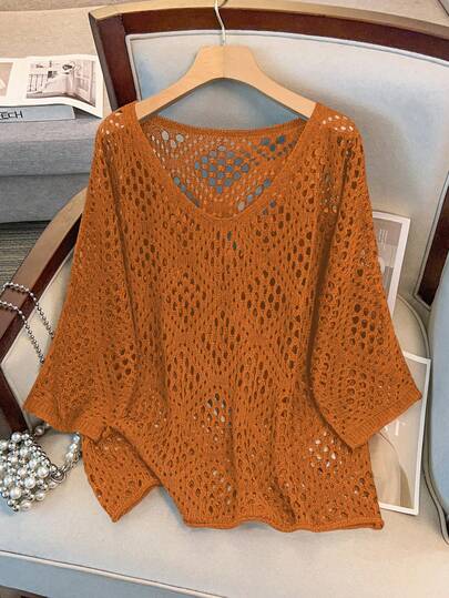 GlowEve CURVE Suéter de punto con mangas 3/4 y calado para mujer de talla grande