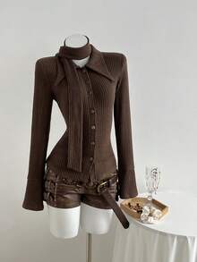 Elamini 棕色针织羊毛罗纹面料两件套，带围巾的开衫，前襟纽扣，翻领，长喇叭袖，开衩下摆，女士修身衬衫，秋冬，时尚，通勤、办公室、教师、学校、优雅、浪漫、休闲日常穿着 - 棕色 - 查看 6