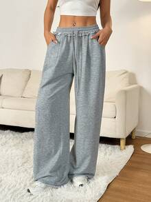 SHEIN PETITE 女士夏季街头服饰外出休闲运动基本款法式灰色松紧腰带直筒宽松裤 - 灰色 - 查看 6