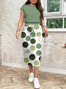 SHEIN LUNE مجموعة تنورة وبلوزة برينت النقاط البيضا...