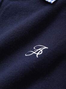 DAZY Cárdigan casual de mujer de manga larga con parches a cuadros y bordado de letras 2 en 1 - Azul Marino - Ver 9