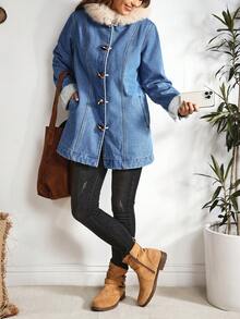 EMERY ROSE Women's Casual Denim Jacket With Fur Collar And Horn Buttons, Autumn/Winter - Blue - View 8
