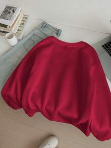 SHEIN EZwear 休闲简约豹纹印花“NEW YORK”标语图案酒红色圆领宽松厚款女式运动衫，秋冬 - 酒紅色 - 查看 2