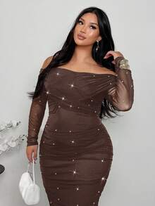 Firerie Đầm maxi trễ vai màu nâu thanh lịch đính ngọc trai nhún bèo ôm sát tôn dáng cho ngày lễ tình nhân dành cho nữ cỡ lớn - màu nâu - Xem 7