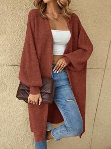 Easowa Áo khoác cardigan dáng dài rộng rãi, màu trơn đơn giản, dáng rộng, tay đèn lồng, dáng thường ngày cho nữ, mùa thu/đông - màu nâu - Xem 5