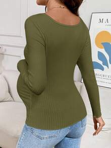 SHEIN Maternity Casual Solid Color Fitted T-Shirt, Autumn - Army Green - View 2