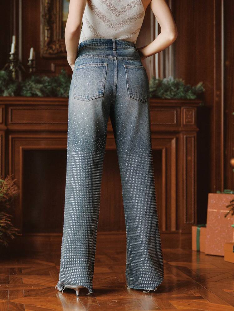 Calça Reta Enfeitada com Estrelas, Adequada para Outono, Inverno, Ano Novo, Elegante, Chique, Estilosa, Natal, Sair, Vestuário de Inverno Feminino