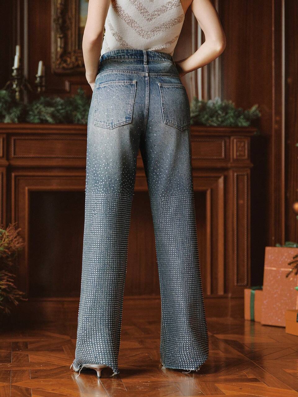 Embellished Starry Straight Leg Pants, Suitable For Fall, Winter, New Year, Elegant, Chic, Stylish, Christmas, Going Out, Women's Winter Clothing