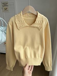 SHEIN 秋冬款青少年女童休闲宽松翻领长袖毛衣 - 黃色 - 查看 3