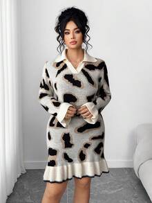 Elenzga Robe longue à manches longues ajustée avec col à volants imprimé léopard, élégante et confortable, grande taille - Multicolore - Voir 3
