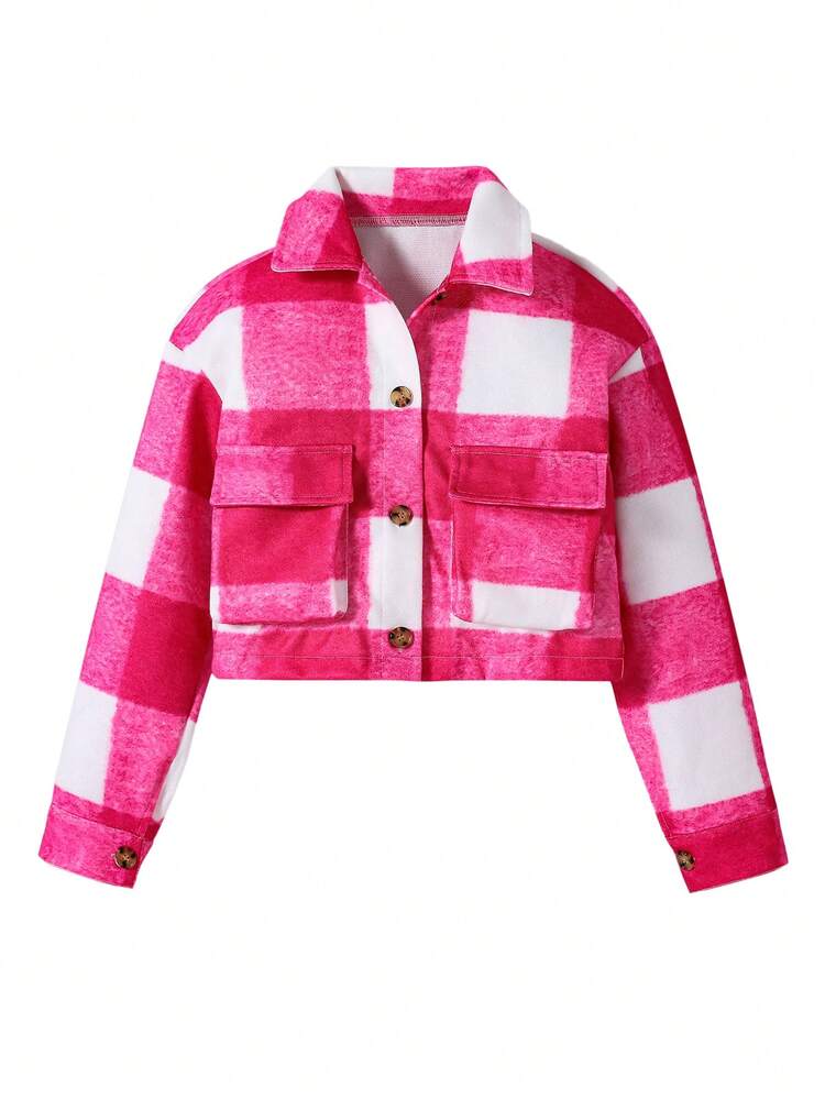 3 peças/Conjunto Ajuste Justo para Meninas Pré-Adolescentes Top de Manga Longa Branca de Gola Redonda + Jaqueta Curta de Lã Xadrez + Calça Azul Slim de Cintura Alta com Estampa de Coração, Adequado para Uso Diário no Outono/Inverno - Multicolorido - Visão 4