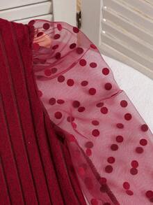 Vestito elegante vintage natalizio rosso in rete con maniche lunghe e vita stretta per ragazze pre-adolescenti, vestito a maniche lunghe con pois e costine rosse adatto per Ognissanti, Natale, Capodanno, primavera e autunno - Bordò - Visualizzare 4
