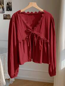 Comfortcana 女士纯色蕾丝拼接V领系带长袖衬衫，红色女式上衣 - 酒紅色 - 查看 4