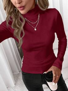 SHEIN Clasi قميص تي شيرت نسائي كاجوال بياقة عالية ضيق بأكمام طويلة، مناسب للخريف/الشتاء، متعدد الاستخدامات وملائم للجميع، لون بوردو - عنابي اللون - مشاهدة 3