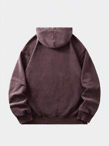 ROMWE MEN Street Life 男士复古水洗宽松连帽衫，长袖上衣 - 咖啡棕 - 查看 2