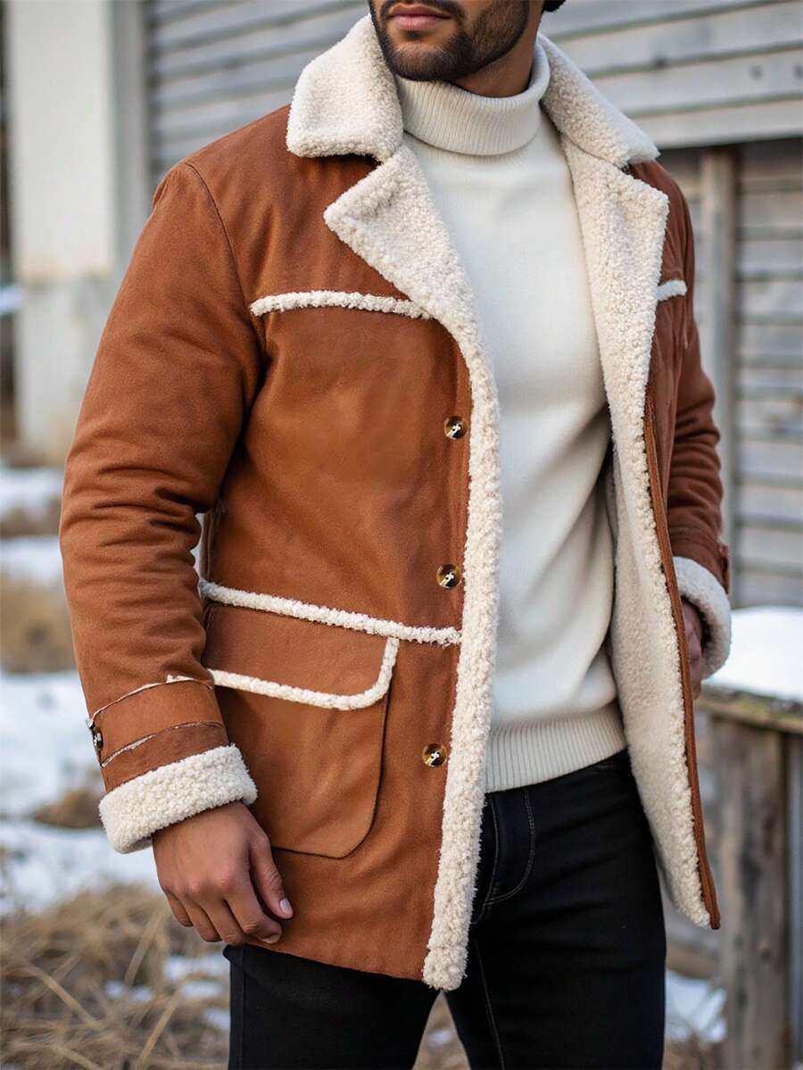 Manfinity Homme Men's Solid Color Double Breasted Casual Jacket, Fall/Winter, Mix And Match Fall Men Clothes, Winter Men Khaki Coat, Fleece Warm Coat Men Long Coat Men Shearling Coat Men Outerwear Earthy Coat Men Burnt Orange Coat Men - Brown - View 1