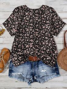 EMERY ROSE 女式圆领短袖碎花黑色上衣，夏季 - 黑色 - 查看 2