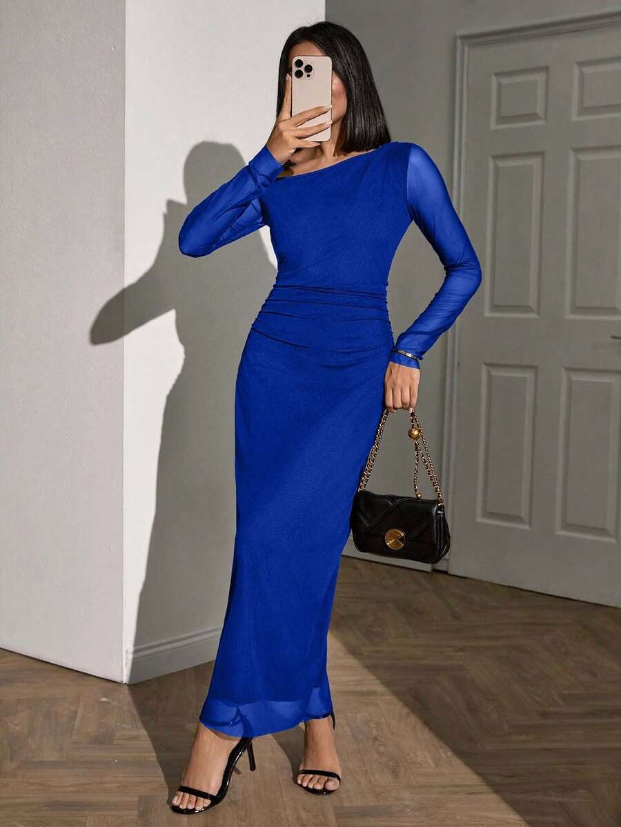 EURMUSE 女式纯色透视长袖连衣裙 - 寶藍色 - 查看 1