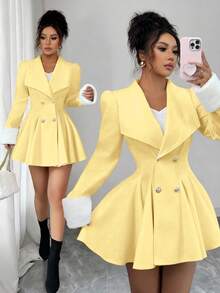 Selianne 女士貂皮翻领袖口腰部 A 字型优雅日常通勤厚羊毛大衣 - 黃色 - 查看 7