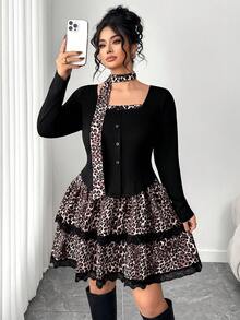 Elenzga Plus Size Women's Elegant Black Slim Fit Tie-Dye T-Shirt & Leopard Print Ruffle Hem Mini Skirt 2 Pieces Set,Autumn Festa Fashionable Casual Outfits - Multicolor - View 4