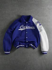 Aesthetic Post 男士时尚休闲学院风印花长袖夹克，蓝色棒球夹克 - 藍白色 - 查看 1