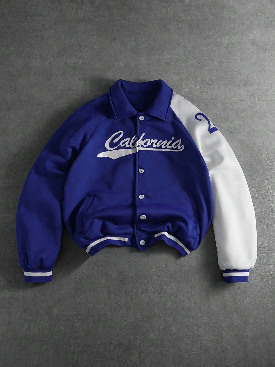 Aesthetic Post 男士时尚休闲学院风印花长袖夹克，蓝色棒球夹克 - 藍白色 - 查看 1