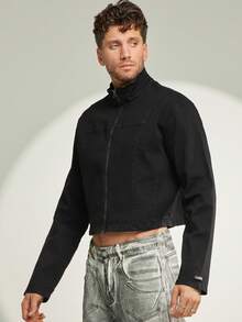 FeverCity Men's Long Sleeve Casual Washed Zip-Up Collar Jacket - Black - View 6