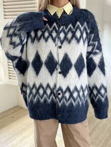 Livesso Autumn/Winter Collegiate Style Casual Business Loose Fit Geometric Pattern Thick Knit Cardigan For Women - Navy Blue - View 3