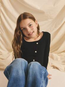 Tween Girl Solid Color Square Neck Fitted Long Sleeve T-Shirt - Black - View 3