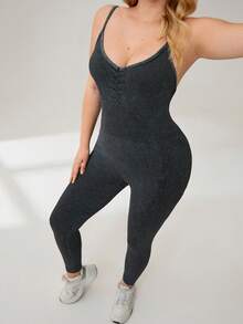 Auralis 运动休闲连体裤，加大码女式水洗做旧扭结露背无袖连体裤，适合瑜伽、舞蹈、体操、健身等运动，黑色运动连体裤，一体式运动连体裤，无缝运动连体裤，四季皆宜的黑色运动连体裤