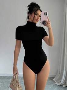 Gloray Fitted Polo Collar Colorblock Ribbed Short Sleeve Women's Bodysuit - Black - View 3