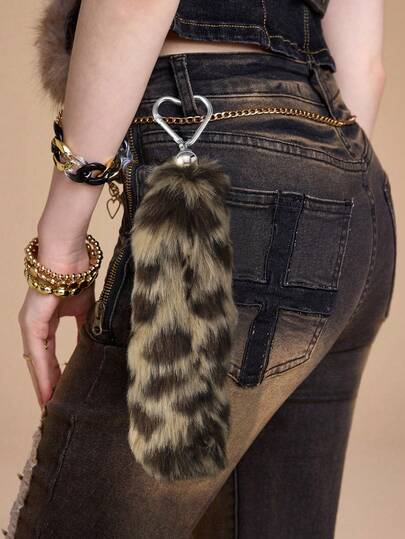 Grunge Punk 1 pieza Llavero y colgante de bolso con estampado de leopardo de piel de imitación marrón de estilo retro y elegante de la Y2K, adecuado para uso diario de mujeres/niñas, regalo para vacaciones