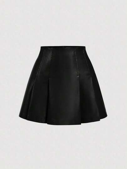 SHEIN MOD 女士黑色褶皱PU皮革百搭迷你裙