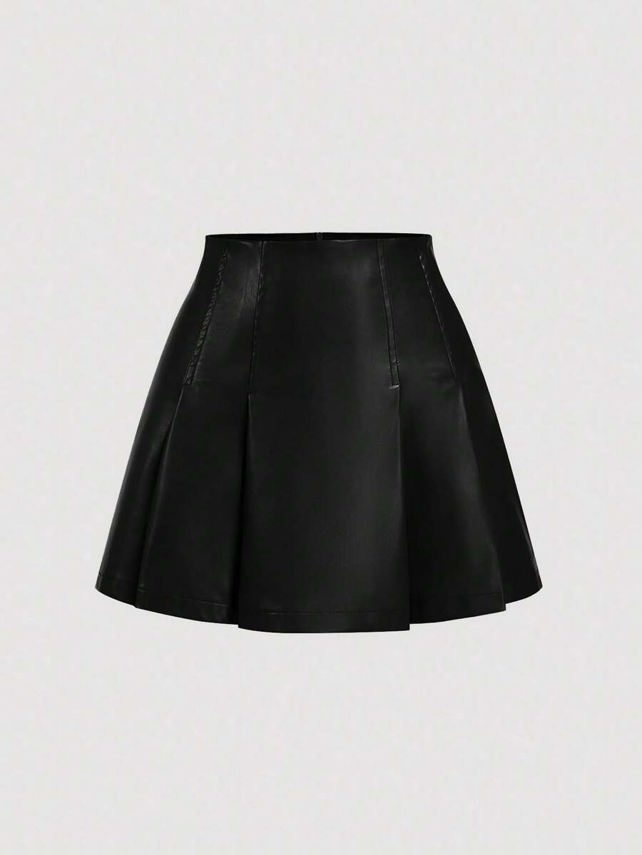 SHEIN MOD 女士黑色褶皱PU皮革百搭迷你裙 - 黑色 - 查看 1