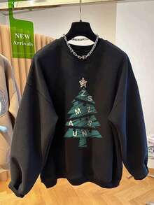 Franclia Women's Fashionable Christmas Tree Print Dropped Shoulder Crew Neck Sweatshirt - Black - View 1