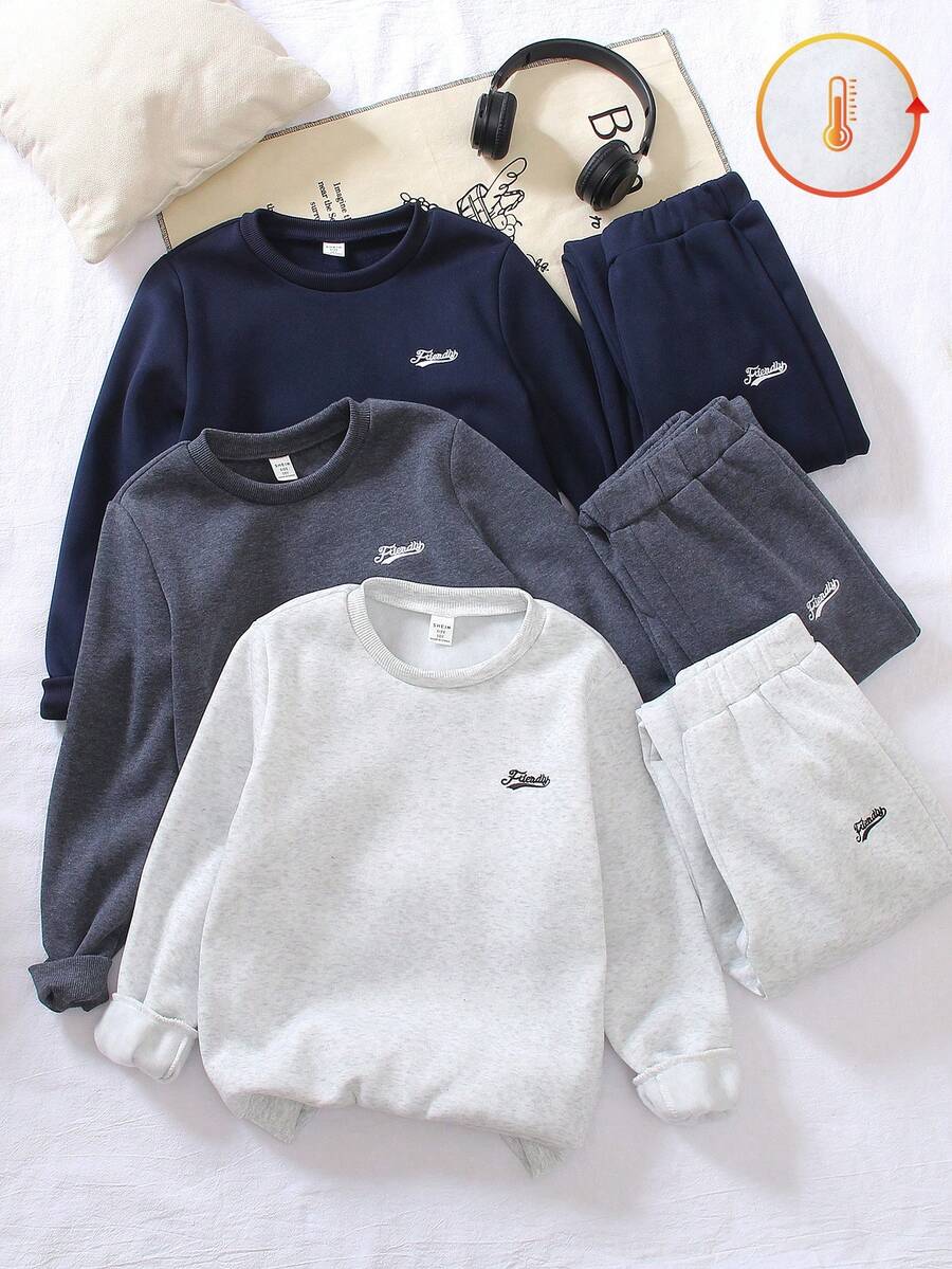 SHEIN Explorewe Tween Boys Multi-Piece Casual Boys Embroidered Letter Crew Neck Long Sleeve Sweatshirt With Loose Fit Pants, Featuring English Letter Graphics, Relaxed Silhouette, Comfortable Fabric, Suitable For Halloween, School, Street Dance, Night Party, Live House, Music Concerts In Autumn/Winter - Multicolor - View 1