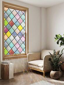 1 Roll Retro Diamond Window Decorative Film, Rainbow Grid Static Cling Privacy Film, Non-Adhesive UV Blocking, For Home Decor, Size 17.7 X 118 Inch - 彩色 - 查看 16