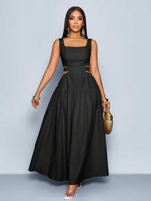 SOLERSUN 女士优雅方领腰部镂空系带后褶露背 A 字裙，适合夏威夷、女士夏季连衣裙、茶会礼服、白色毕业长裙 - 黑色 - 查看 3