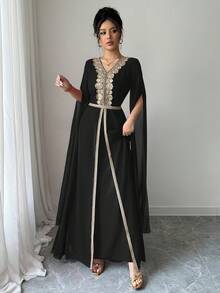 Rafferiza Đầm maxi màu đỏ cổ chữ V ren vàng bồng bềnh, tay dài, dáng chữ A, thiết kế thanh lịch, sang trọng, dành cho nữ, mùa xuân/hè - màu đen - Xem 3