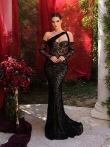 Glamrae Đầm maxi dài tay dáng đuôi cá bằng vải ren đen sang trọng, thời trang, quyến rũ, có phần thân trên, thích hợp cho kỳ nghỉ, đám cưới, tiệc độc thân, dạ hội, lễ hội, ngày Valentine. - màu đen - Xem 1