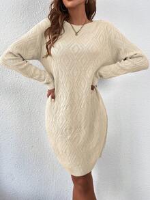 SHEIN LUNE 女士休闲日常通勤简约百搭纯色落肩宽松菱形针织毛衣裙，秋冬