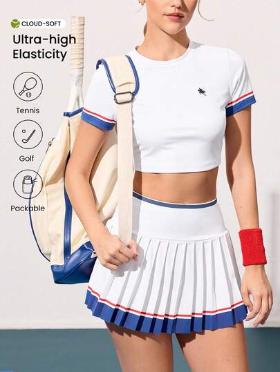 CourtClass Women's Pony Print Contrast Stripe Short Crew Neck Crop Top & A-Line Pleated Skort 2 Pieces Sports Casual Outfit, Suitable For Tennis And Daily Wear White Tennis Crop Top Women Tennis Outfit Women Tennis Skirt Set Athletic Skort Pleated Tennis Skirt Women S Tennis Skirt Set Women Tennis Apparel Crop Top And Skirt Set Tennis Skirt And Top