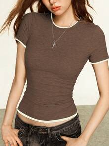 Rina Fox Women's Ribbed Elastic Fitted Casual Sexy T-Shirt