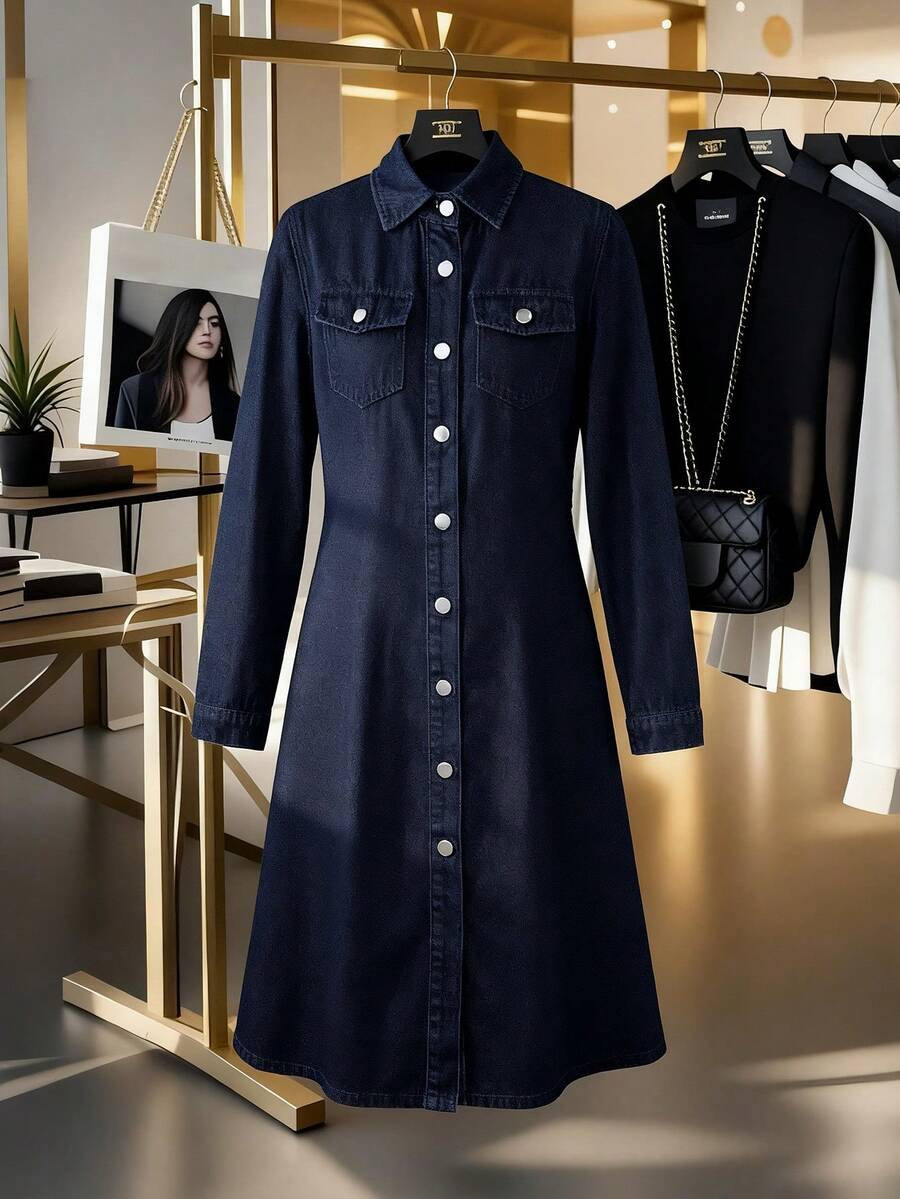 GlowEve Women's Casual Denim Dress With Long Sleeve, Single-Breasted Pocket, Autumn Long Sleeve Denim Dress Women's Denim Dresses Shirt Dresses Curve Denim Dress Denim Dress For Curv Woman - Blue - View 1