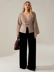 Auralis Plus Size Women's Autumn And Winter Elegant And Comfortable Daily Khaki Belt Buckle V-Neck Jacket,Fall,Winter Coats,Y2k,Women's Winter Fall/Winter - Khaki - View 10